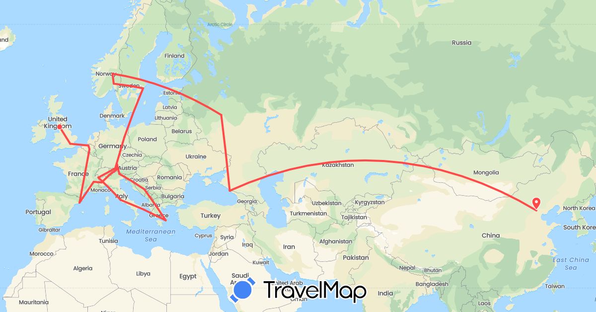 TravelMap itinerary: driving, hiking in Austria, Bosnia and Herzegovina, Belgium, Switzerland, China, Germany, Spain, France, United Kingdom, Greece, Italy, Norway, Russia, Sweden (Asia, Europe)